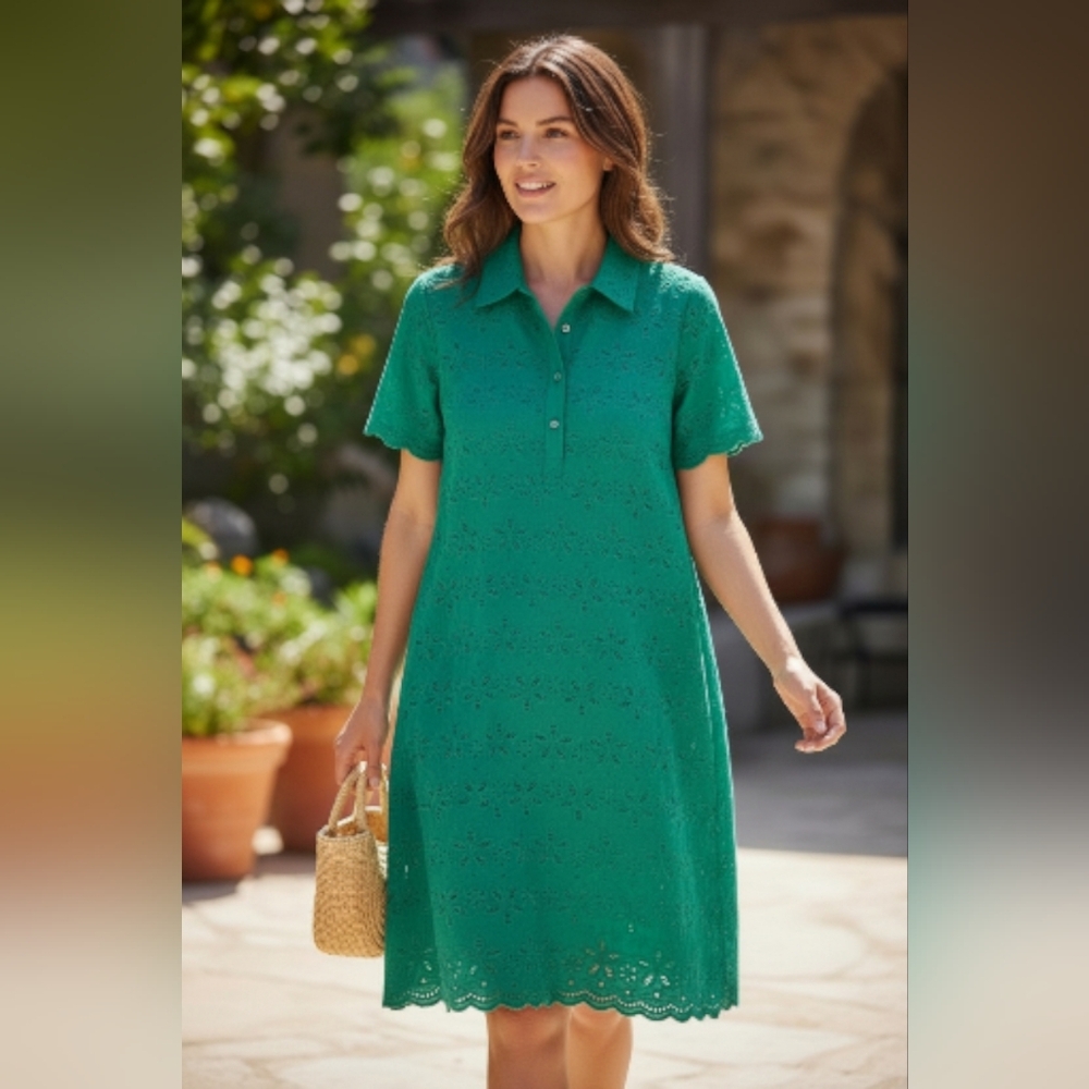 Crown & Ivy Eyelet Cotton Bright Green Dress Short Sleeve Lined NWT Size 14